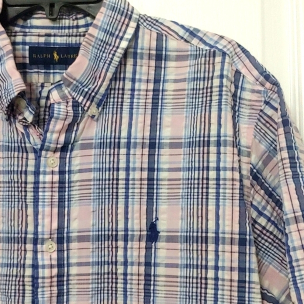 Ralph Lauren Seersucker Pastel Plaid Short Sleeve Shirt. Size XL. Pink/Blue